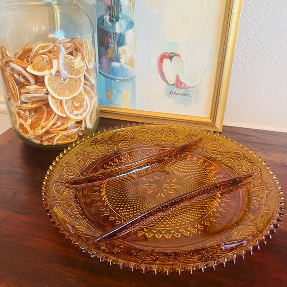 Indiana Amber Tiara Round Glass Divided Serving Platter Sawtooth Edge Vintage  T - Picture 5 of 6